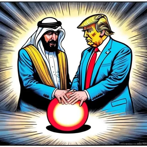 Prompt: Trump and Arab sheik worshipping a glowing orb, trump in a navy blue suit wearing too long red tie, Sergio Aragonés MAD Magazine cartoon style 