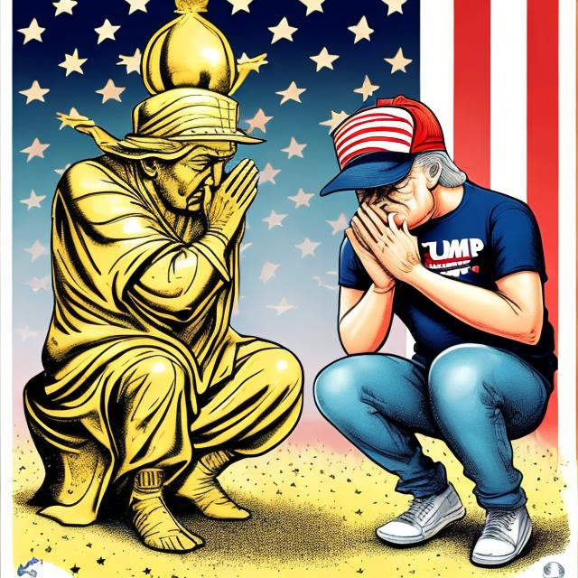 Prompt: MAGA-hat wearing worshiper in stars and stripes t-shirt praying to a golden "Statue of Trump",  Sergio Aragonés MAD Magazine cartoon style 