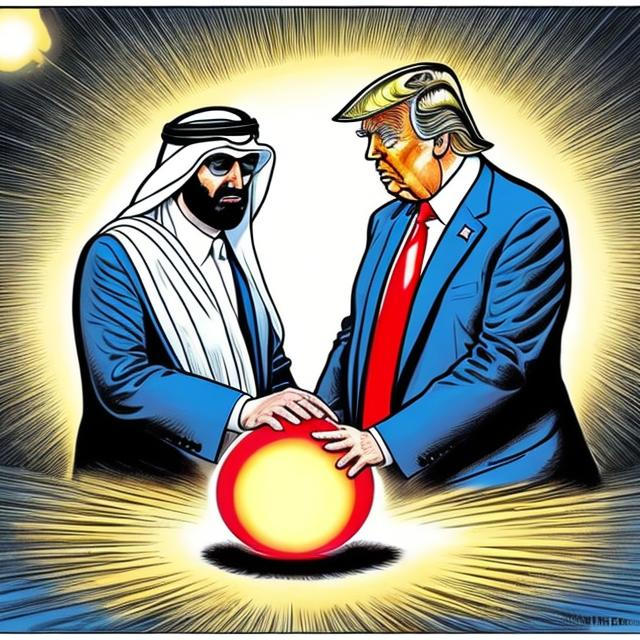 Prompt: Trump and Arab sheik worshipping a glowing orb, trump in a navy blue suit wearing too long red tie, Sergio Aragonés MAD Magazine cartoon style 