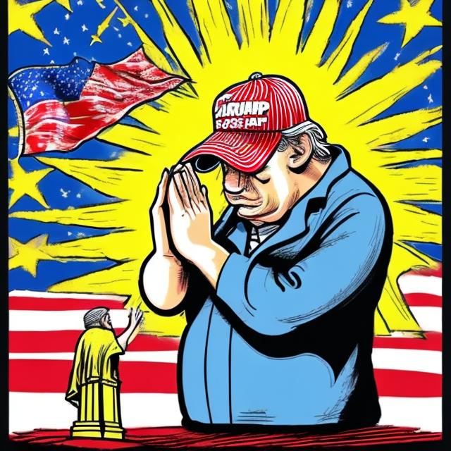 Prompt: MAGA-hat wearing worshiper in stars and stripes t-shirt praying to a golden "Statue of Trump",  Sergio Aragonés MAD Magazine cartoon style 