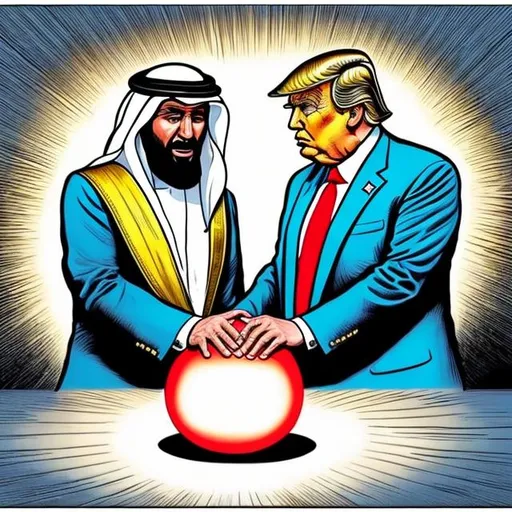 Prompt: Trump and Arab sheik worshipping a glowing orb, trump in a navy blue suit wearing too long red tie, Sergio Aragonés MAD Magazine cartoon style 