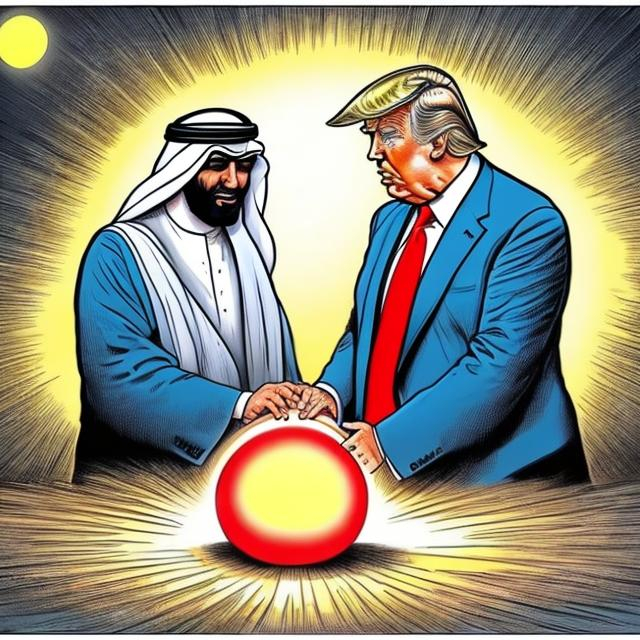 Prompt: Trump and Arab sheik worshipping a glowing orb, trump in a navy blue suit wearing too long red tie, Sergio Aragonés MAD Magazine cartoon style 