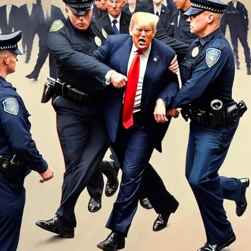 Prompt: Angst-ridden Trump getting violently arrested by very angry cops in black uniform, too long red tie and navy suit, Norman Rockwell painting style