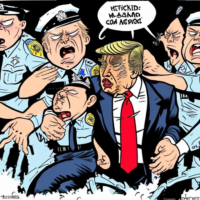 Prompt: Angst-ridden Trump getting violently arrested by very angry cops in black uniform, too long red tie, and navy suit, Sergio Aragonés MAD Magazine cartoon style 