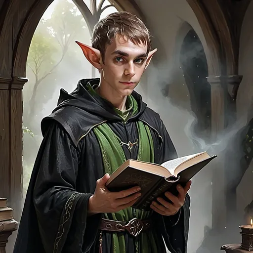 Prompt: High-res digital painting of a young adult elf hyper realistic he is a mage he is holding a book he wearing a robe in black 
