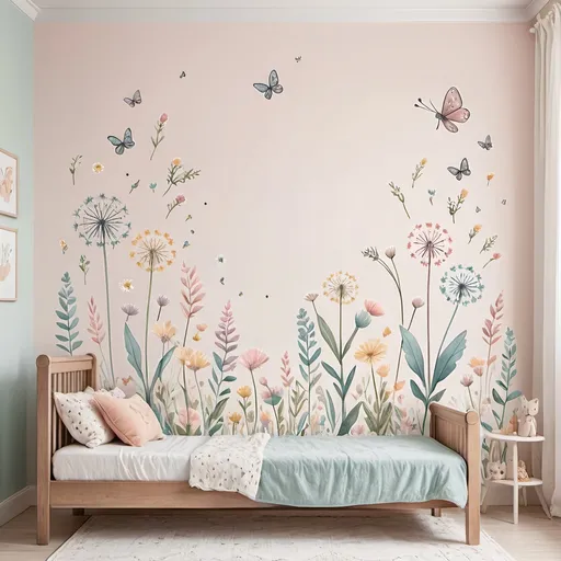 Prompt: Bohemian floral wall decals with small dandelion and wildflower motifs, small butterflies, colorful pastel tones, high quality, detailed, boho style, baby nursery, girls' bedroom, kids' room decor, artistic, hand-drawn, whimsical, soft lighting, small details, vibrant colors, professional, highres, artistic, whimsical, intricate design, pastel colors, soft lighting