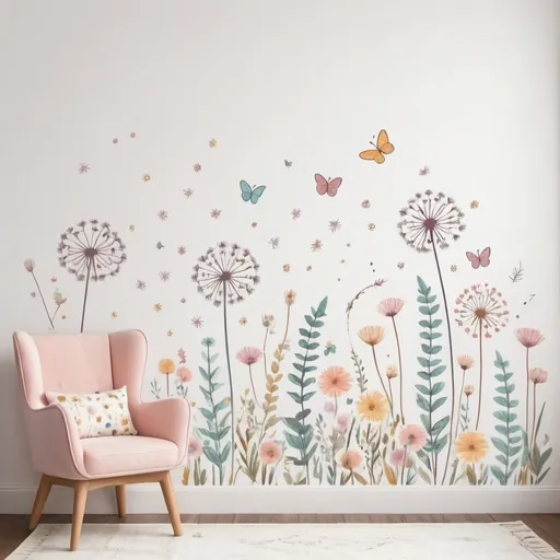 Prompt: Bohemian floral wall decals with small dandelion and wildflower motifs, small butterflies, colorful boho color tones, high quality, detailed, boho style, baby nursery, girls' bedroom, kids' room decor, artistic, hand-drawn, whimsical, soft lighting, small details, vibrant colors, professional, highres, artistic, whimsical, intricate design, pastel colors, soft lighting