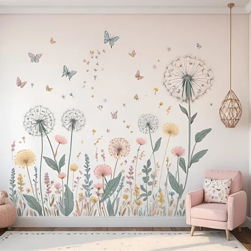 Prompt: Bohemian floral wall decals with dandelion and wildflower motifs, small butterflies, boho style, colorful pastel tones, high quality, detailed, whimsical, baby nursery, girls' bedroom, kids' room decor, artistic, hand-drawn, soft lighting