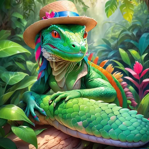 Prompt: Iguana wearing a hat sitting besides a snake