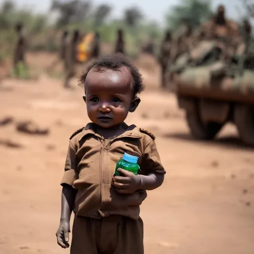 Prompt: A baby in the middle of Ethiopian war
With his plastic bottle 
