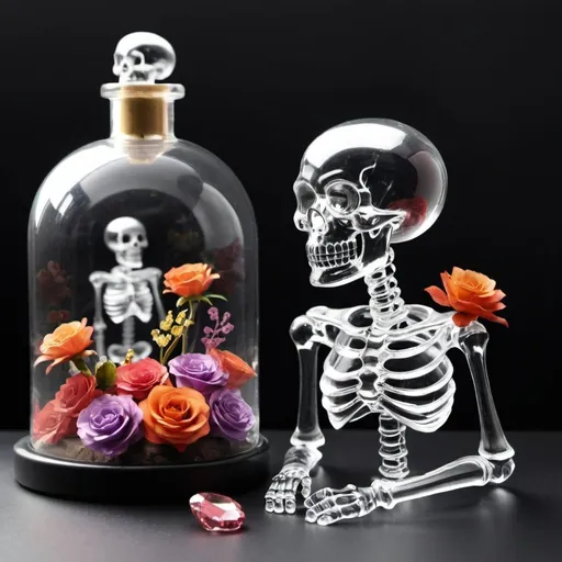 Prompt: Make a skeleton made of glass transparent and make him filled with gems and flowers 