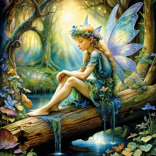 Prompt: (Fairy PRINCE sits atop the log with HIS elbows on knees, lost in deep thoughts:1.4), HIS delicate wings fluttering gently. (Josephine Wall, Brian Froud Illustration Style:1.5) The scene is filled with whimsical details and earthy tones, (surrounded him a lush forest filled with magical plants and mythical creatures, creating a sense of wonder and adventure. (Midsummer Night's Dream Atmosphere: 0.9) /// realism