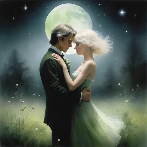 Prompt: (Style of Stephen Gammell:1.5) Moonlight Sonata, a MAN with short brown hair, undercut and a (woman with short silver blonde hair and green eyes) waltz in a garden at midnight, wildflowers, constellations, dreamy, romantic, masterpiece