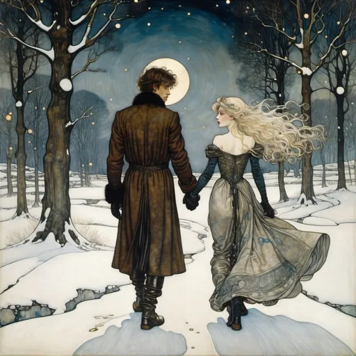 Prompt: (Style of Gustav Klimt, Arthur Rackham:1.5) a (MAN with straight dark brown hair, undercut) and a (woman with silver-blonde hair) walk hand in hand through a winter wonderland, seeking solace and warmth in one another, constellations, snowflakes, stars, masterpiece 