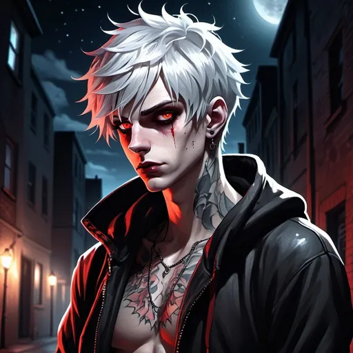 Prompt: a man with a hoodie and tattoos on his neck and body, the man has short messy silver hair and glowing red eyes, labret lip piercing, VERY pale skin, vampire, he stands in a moonlit alley, Cosmo Alexander, gothic art, semi-realistic anime art, a character portrait