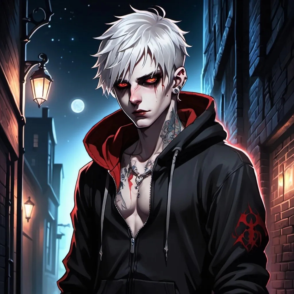 Prompt: a man with a hoodie and tattoos on his neck and body, the man has short messy silver hair and glowing red eyes, labret lip piercing, VERY pale skin, vampire, he stands in a moonlit alley, Cosmo Alexander, gothic art, anime art, a character portrait