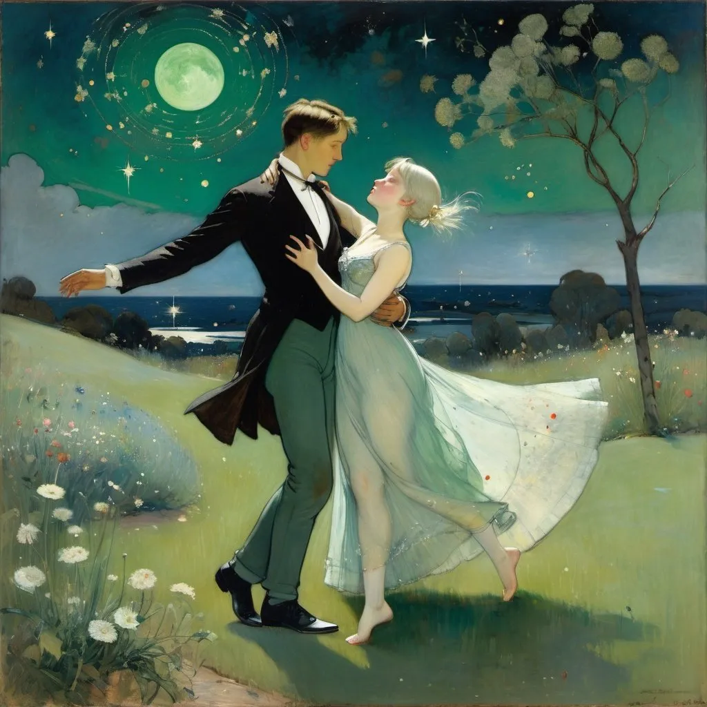 Prompt: (Style of Charles Conder:1.5) impressionist painting, (full length view) Moonlight Sonata, a MAN with straight short dark brown hair, undercut and a (woman with silver blonde hair and green eyes) waltz in a garden at midnight, they are twirling, her dress swirling around her legs as they move, wildflowers, constellations, dreamy, romantic, masterpiece 