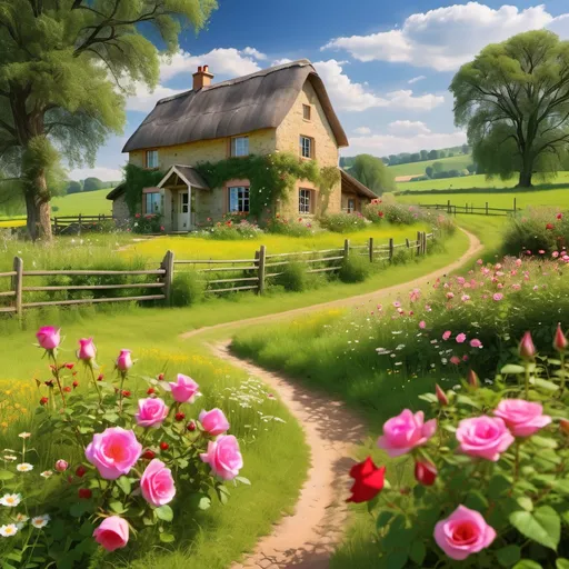 Prompt: rural area of Wall Rose, rolling green plains, cottage, wildflowers masterpiece