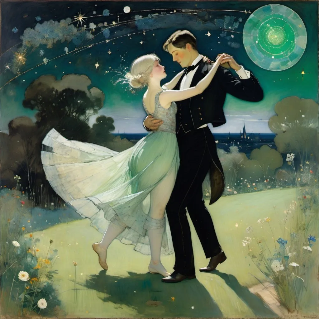 Prompt: (Style of Charles Conder:1.5) impressionist painting, (full length view) Moonlight Sonata, a MAN with straight short dark brown hair, undercut and a (woman with silver blonde hair and green eyes) waltz in a garden at midnight, they are twirling, her dress swirling around her legs as they move, wildflowers, constellations, dreamy, romantic, masterpiece 