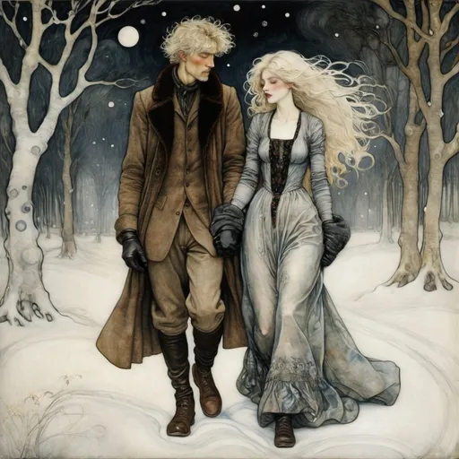 Prompt: (Style of Gustav Klimt, Arthur Rackham:1.5) (full length view) a man and a (woman with silver-blonde hair) walk leisurely through a winter wonderland, seeking solace and warmth in each other, constellations, snowflakes, stars, masterpiece ///bad hands, blurred faces, additional fingers, mutations, mangled hands