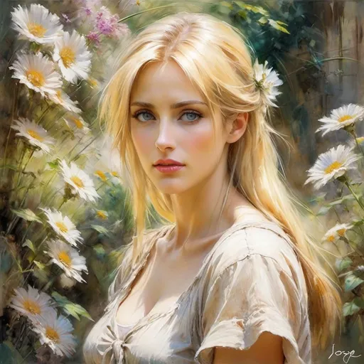 Prompt: (by Jose Royo:1.6) impressionist painting, semi-realistic, front view, woman with gray eyes and blonde hair who resembles Annie Leonhart, attack on titan, thoughtful, distracted, in overgrown flower garden. wearing loosely open rags, masterpiece