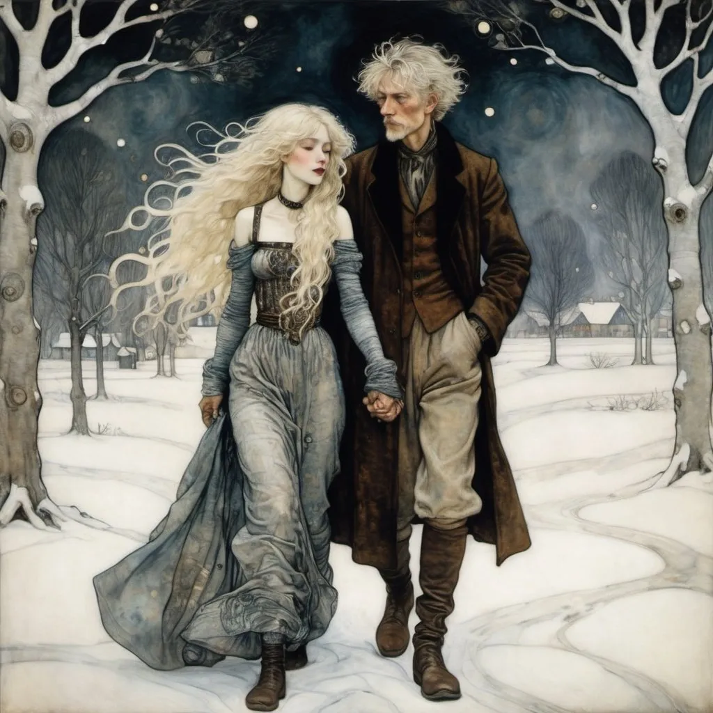 Prompt: (Style of Gustav Klimt, Arthur Rackham:1.5) (full length view) a man and a (woman with silver-blonde hair) walk leisurely through a winter wonderland, seeking solace and warmth in each other, constellations, snowflakes, stars, masterpiece ///bad hands, blurred faces, additional fingers, mutations, mangled hands