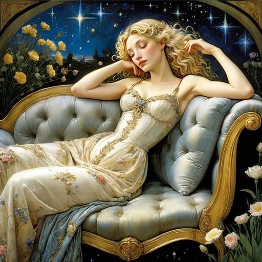 Prompt: (Style of Botticelli, Gustave Moreau, Jose Royo:1.5) florentine art, impressionist painting, (full body view) Sleeping Beauty, a (beautiful woman with short silver blonde hair) reclines on a chaise lounge in a garden at midnight, her eyes are closed and she is fast asleep, wildflowers, constellations, dreamy, romantic, masterpiece