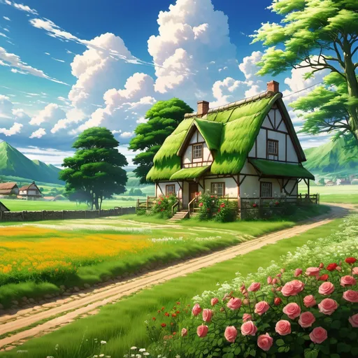 Prompt: rural area of Wall Rose, Attack on Titan, rolling green plains, cottage, wildflowers masterpiece