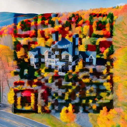 Prompt: Drone flying above new england autumn mountainside with vibrant fall colors