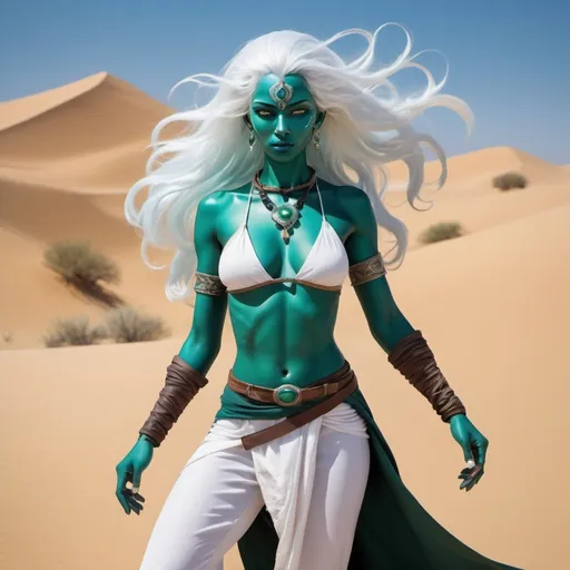 Prompt: An air genasi female from the Dungeons and Dragons universe is depicted in a dynamic martial artist pose, emphasizing her lithe and slender physique. She has pastel blue skin that subtly merges with the desert background, creating an ethereal and otherworldly aura. Her long, cloud-like white hair flows gracefully around her, mimicking the undulating forms of the wind. A narrow nose and delicate facial features enhance her mystical appearance. She is adorned with a striking malachite necklace, its deep green contrasting beautifully against her blue skin tone. The desert backdrop is expansive, with rolling dunes under a serene sky, evoking a sense of isolation and tranquility. The overall style is cartoonish, with vibrant colors and exaggerated expressions adding to the fantastical atmosphere.