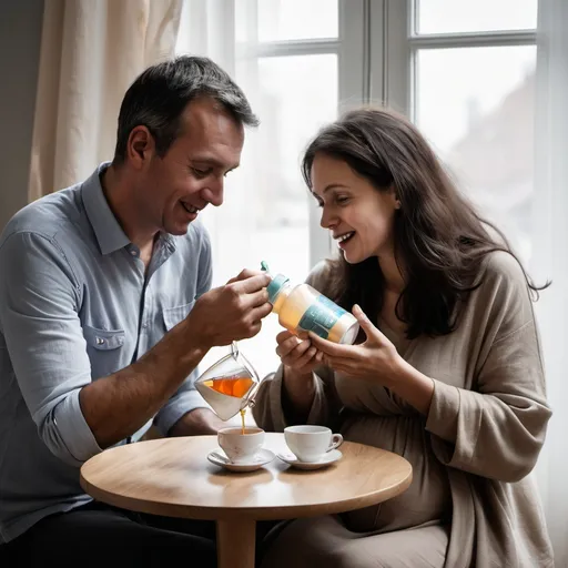 Prompt: A man offers a cup of tea to a woman who is feeding her baby a bottle