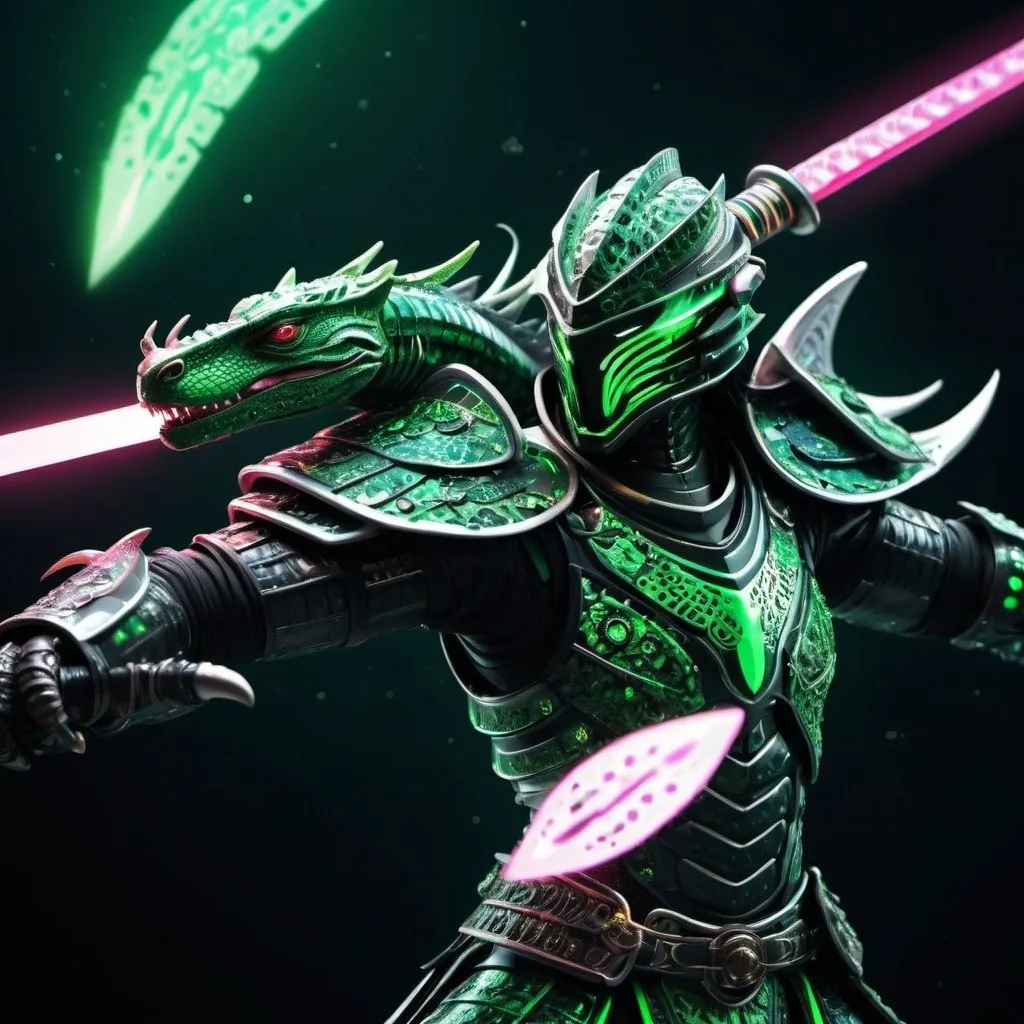 Prompt: Cosmic space lizard samurai armored warrior, black and green, futuristic galaxy, detailed scales with cosmic patterns, glowing neon armor, intense and piercing gaze, dynamic and powerful stance, high-tech samurai sword, cosmic energy effects, high quality, futuristic, cosmic, detailed scales, neon armor, intense gaze, powerful stance, high-tech sword, cosmic energy, black and green