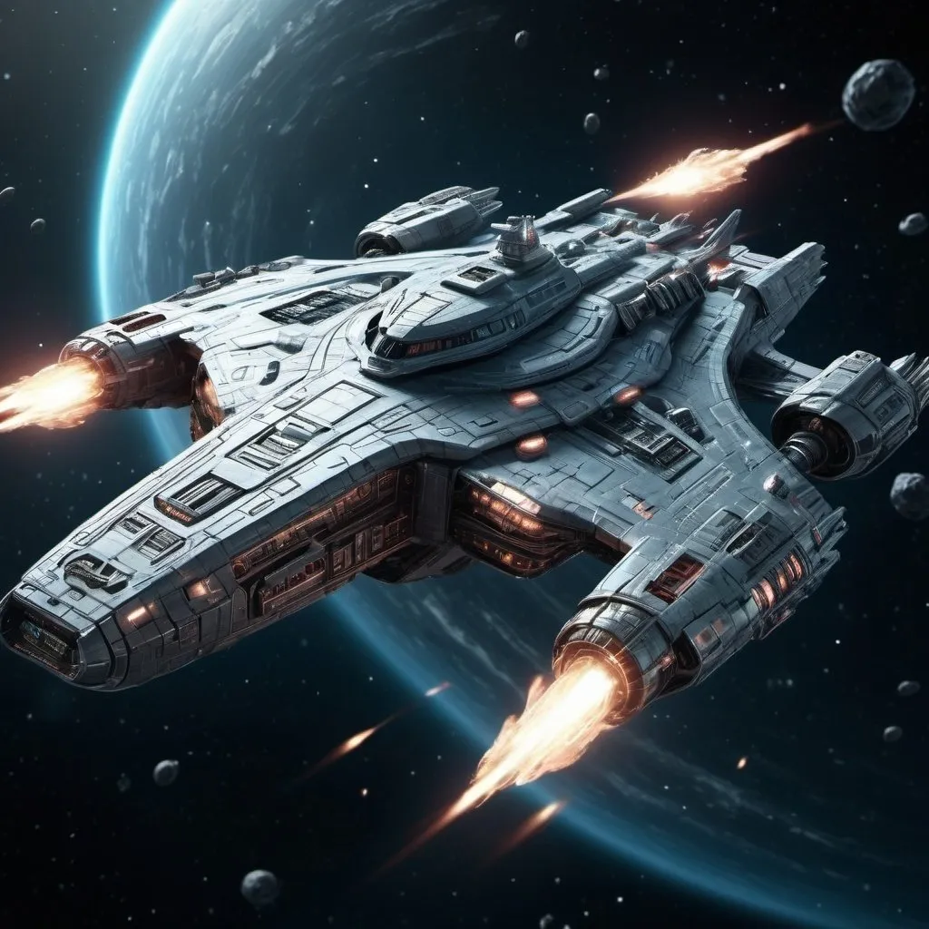 Prompt: Space battle cruiser, futuristic, sci-fi, travelling at warp speed, hi-tech materials, intricate details, 4k, ultra-detailed, sci-fi, futuristic, warp speed, space battle cruiser, high-tech, atmospheric lighting, cool tones