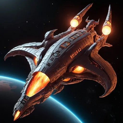Prompt: Space cruiser, futuristic, sci-fi, dragon themed shaped, dynamic lighting, orbiting fiery planet in space, front view, side view top view