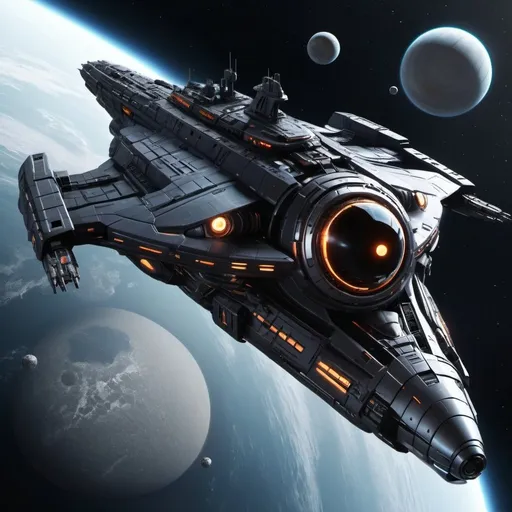 Prompt: Futuristic space battleship, sleek platinum and black, orbiting around a 7-ringed planet, high-tech, sci-fi, advanced technology, detailed metallic textures, epic space battle, planetary rings, space warfare, starship, intense lighting, futuristic, space opera, massive scale, best quality, highres, ultra-detailed