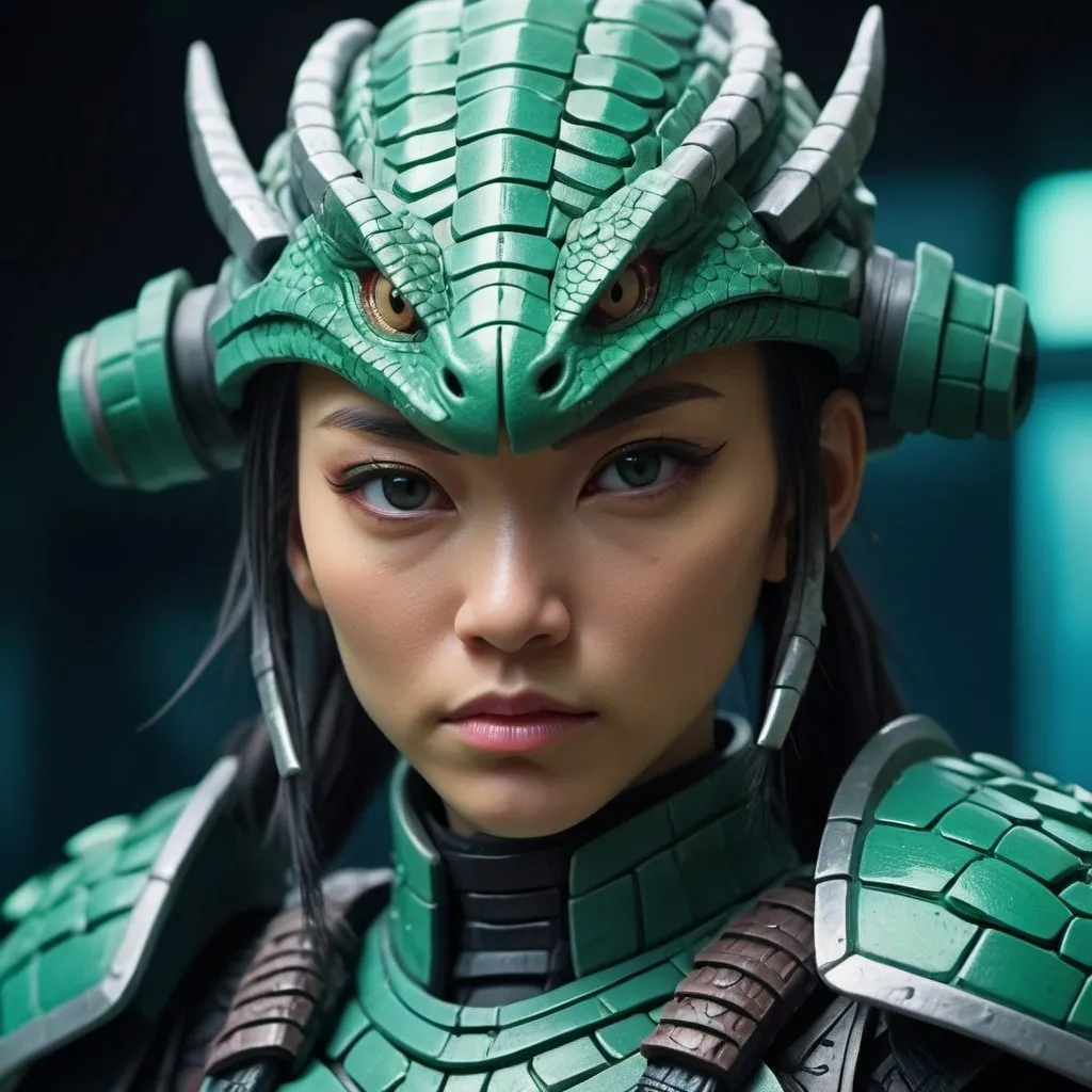 Prompt: Claymation scene of a futuristic sci-fi samurai armor-clad female warrior, lizard face, detailed scales, intense and focused gaze, cool-toned color palette, urban cyberpunk setting, hi-res, ultra-detailed, claymation, sci-fi, samurai armor, detailed scales, futuristic, intense gaze, professional, atmospheric lighting