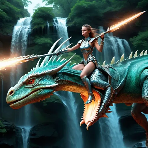 Prompt: Female Lizard warrior in futuristic armor riding a dragon steed by stunning waterfalls, high quality, detailed, futuristic, armor, dragon steed, long tail, stunning waterfalls, lizard hybrid woman, professional, detailed scales, intense gaze, vibrant colors, fantasy, sci-fi, atmospheric lighting