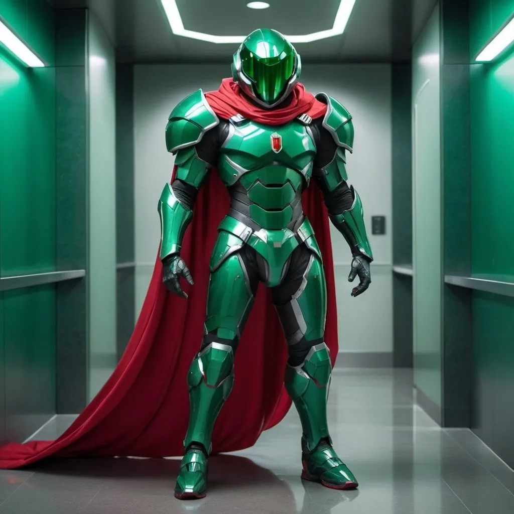 Prompt: An emerald suit of body armor with a spherical head with a red cape and a sword strapped across his back 5ft 9 inches tall gliding a few feet off the ground in a futuristic hallway