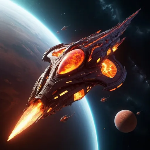 Prompt: Space cruiser, futuristic, sci-fi, dragon themed shaped, dynamic lighting, orbiting fiery planet in space