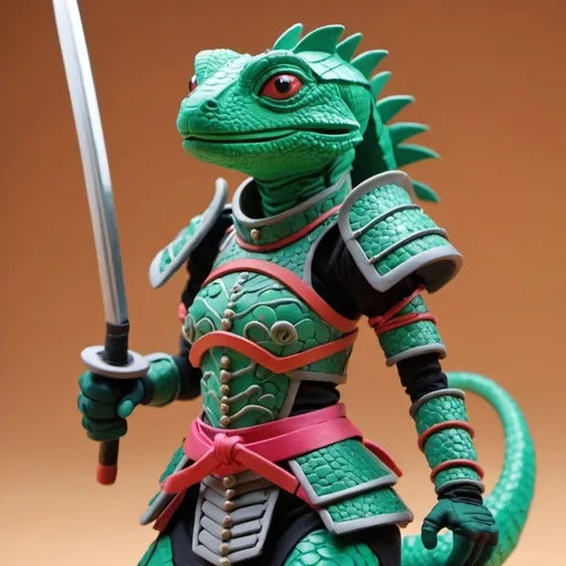 Prompt: claymation scene, Lizard Female Warrior in futuristic samurai armor