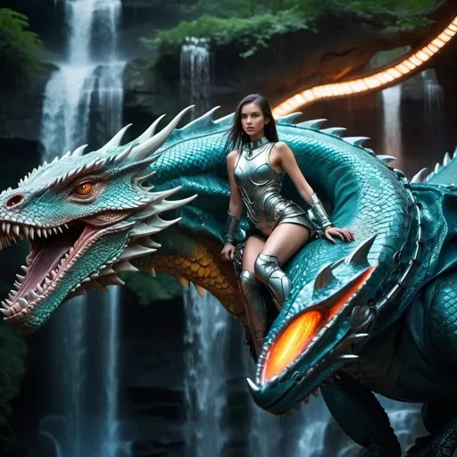 Prompt: Beautiful woman with lizard head in futuristic armor riding a dragon steed by stunning waterfalls, high quality, detailed, futuristic, armor, dragon steed, long tail, stunning waterfalls, lizard hybrid woman, professional, detailed scales, intense gaze, vibrant colors, fantasy, sci-fi, atmospheric lighting