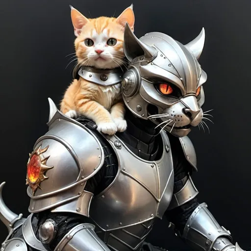 Prompt: A six inch fire scaled dragon cat sitting on  the shoulder of a futuristic armored knight with a round enclosed helmet