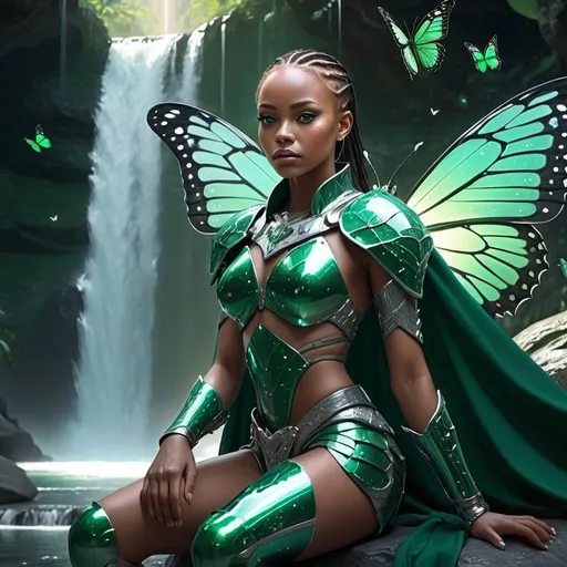 Prompt: Futuristic light skinned African female warrior with green eyes in emerald armor, platinum cape, dramatic pose, sitting by waterfall, surrounded by butterflies, 4k, ultra-detailed, sci-fi, powerful, dramatic, beautiful armor, sparkling, shining, intense gaze, futuristic, waterfall setting, butterfly surroundings, professional, atmospheric lighting