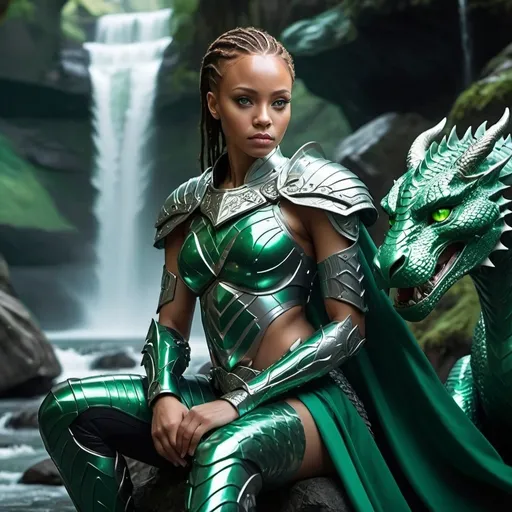 Prompt: Futuristic light skinned African female warrior with green eyes in emerald armor, platinum cape, dramatic pose, sitting by waterfall, holding a small dragon, 4k, ultra-detailed, sci-fi, powerful, dramatic, beautiful armor, intense gaze, futuristic, waterfall setting, professional, atmospheric lighting