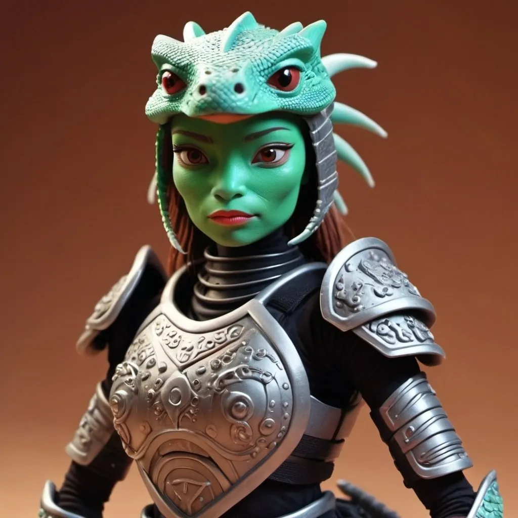 Prompt: claymation scene, pretty Lizard Female Warrior in futuristic sci-fi samurai armor