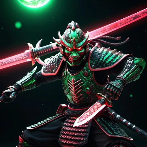 Prompt: lizard-faced samurai armored warrior, black and red, futuristic galaxy, detailed scales with cosmic patterns, glowing neon armor, intense and piercing gaze, dynamic and powerful stance, high-tech samurai sword, cosmic energy effects, high quality, futuristic, cosmic, detailed scales, neon armor, intense gaze, powerful stance, high-tech sword, cosmic energy, black and green