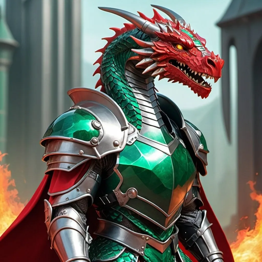 Prompt: A six inch fire scaled dragon sitting on  the shoulder of a futuristic emerald armored knight with a round enclosed helmet and red cape