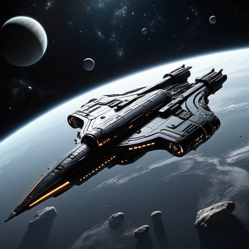 Prompt: Futuristic Space battleship, sleek platinum and black in space around ringed planet