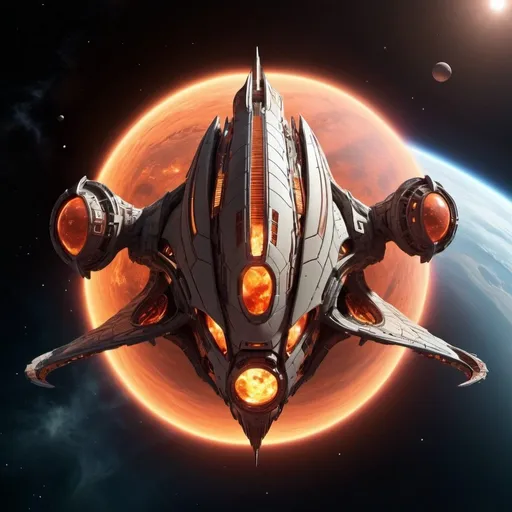 Prompt: Space cruiser, futuristic, sci-fi, dragon themed shaped, dynamic lighting, orbiting fiery planet in space, front view, side view top view