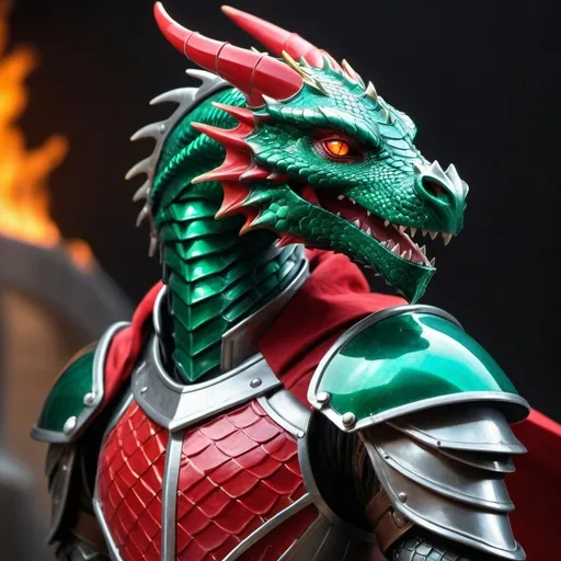 Prompt: 6-inch fire-scaled dragon pet perched on the shoulder of futuristic emerald-armored knight, wearing an enclosed helmet, red cape, highres, detailed, futuristic, fantasy, dragon scales, armor details, intense gaze, vibrant colors, dramatic lighting